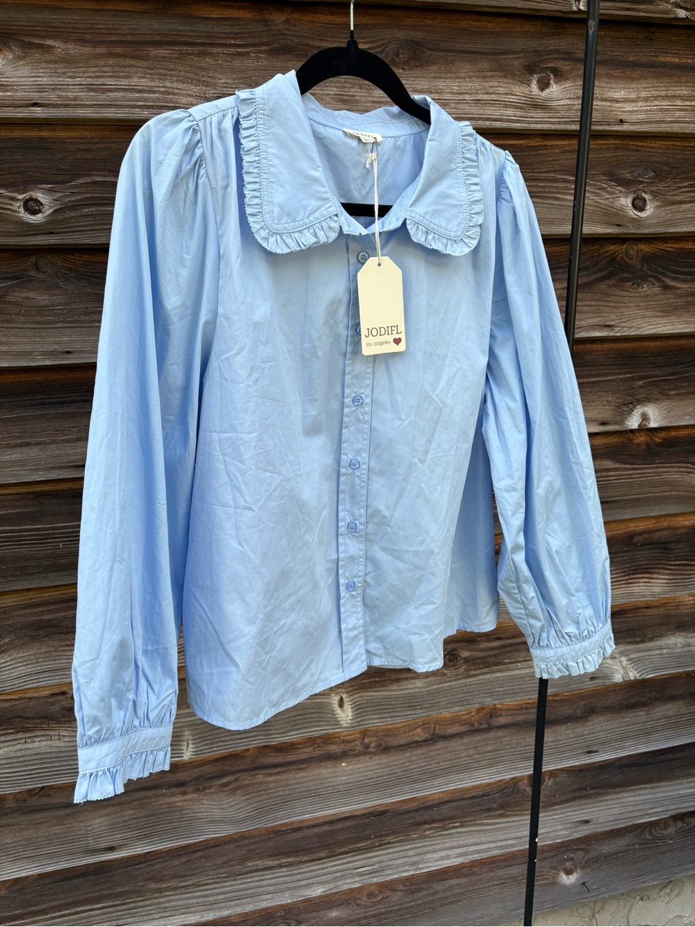 JODIFL Sky Blue Button-Front Blouse with Ruffle Trim